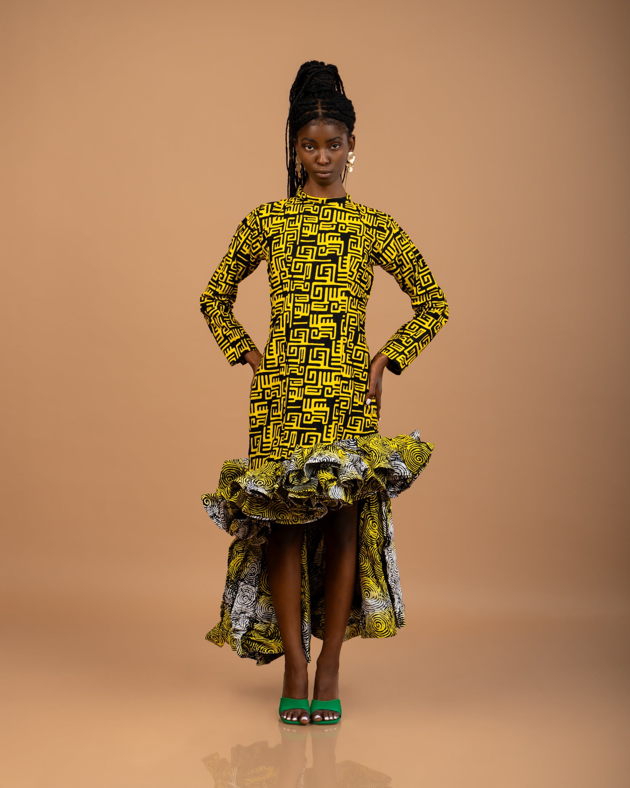 Handmade African Print high-low long sleeve Ankara dress: 100% cotton high-quality African wax fabric 