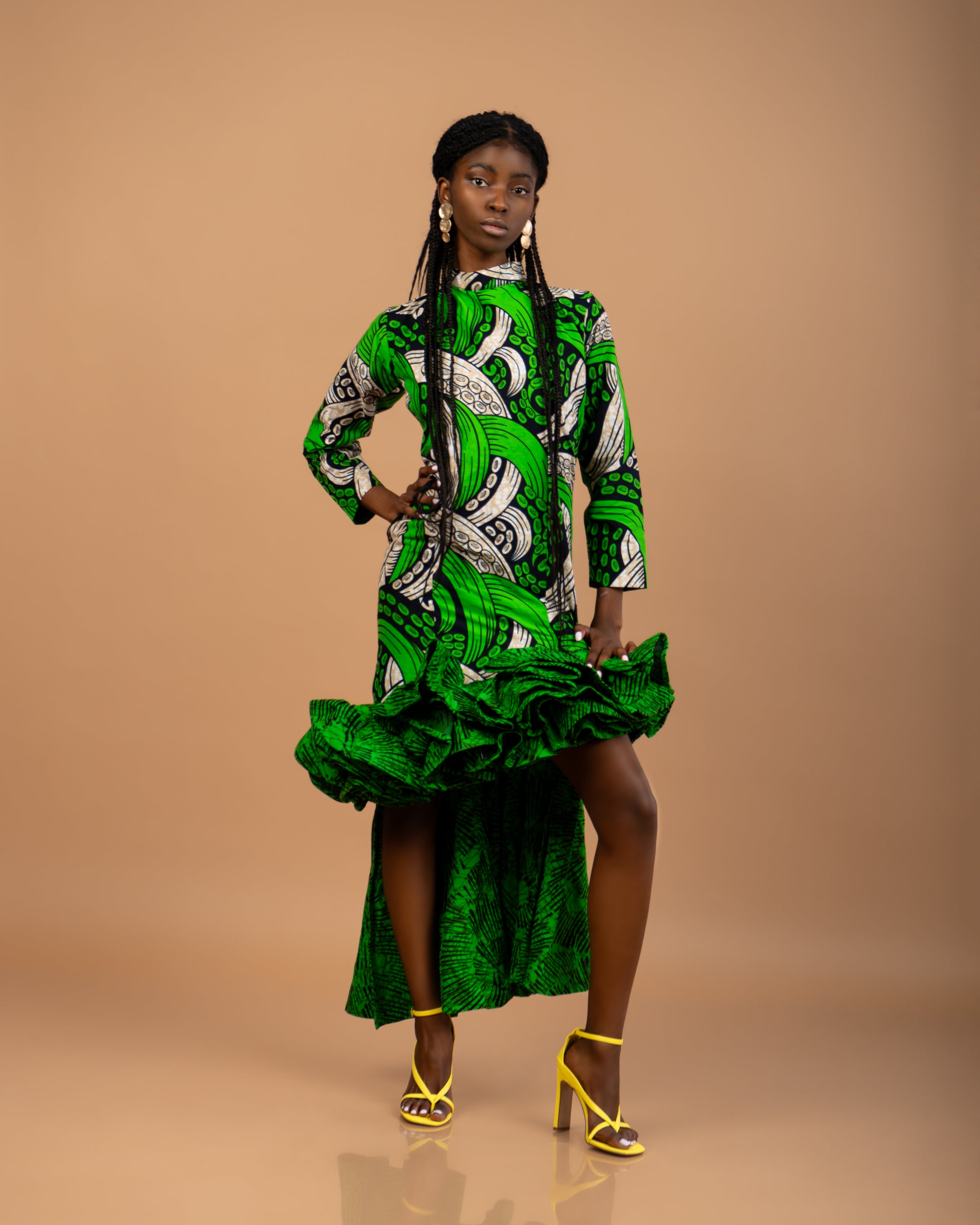 Handmade African Print high-low Ankara long sleeve dress: 100% cotton high-quality African wax fabric 