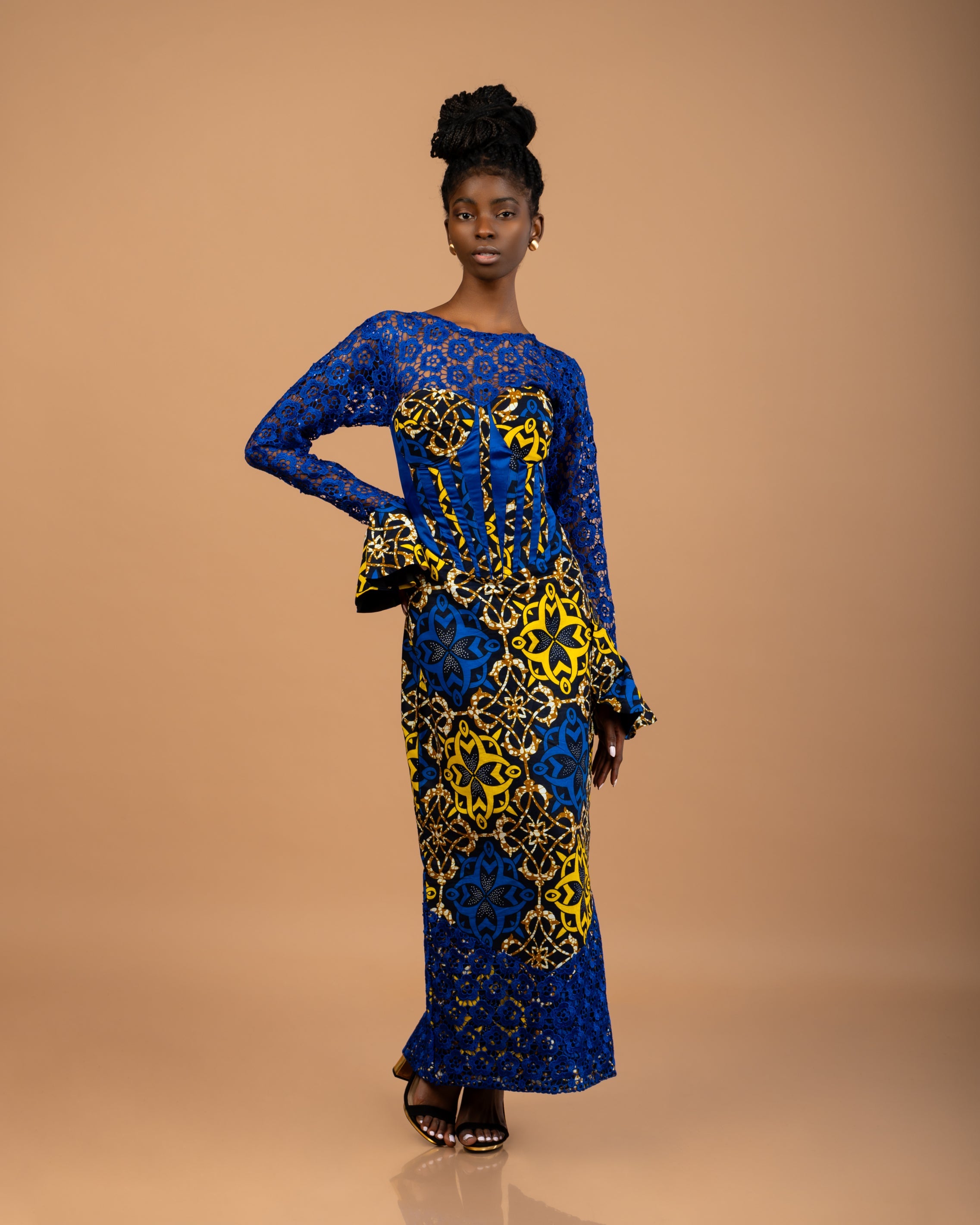 Handmade African Print lace corset floral dress with boning and back:  100% cotton high-quality African Ankara wax fabric